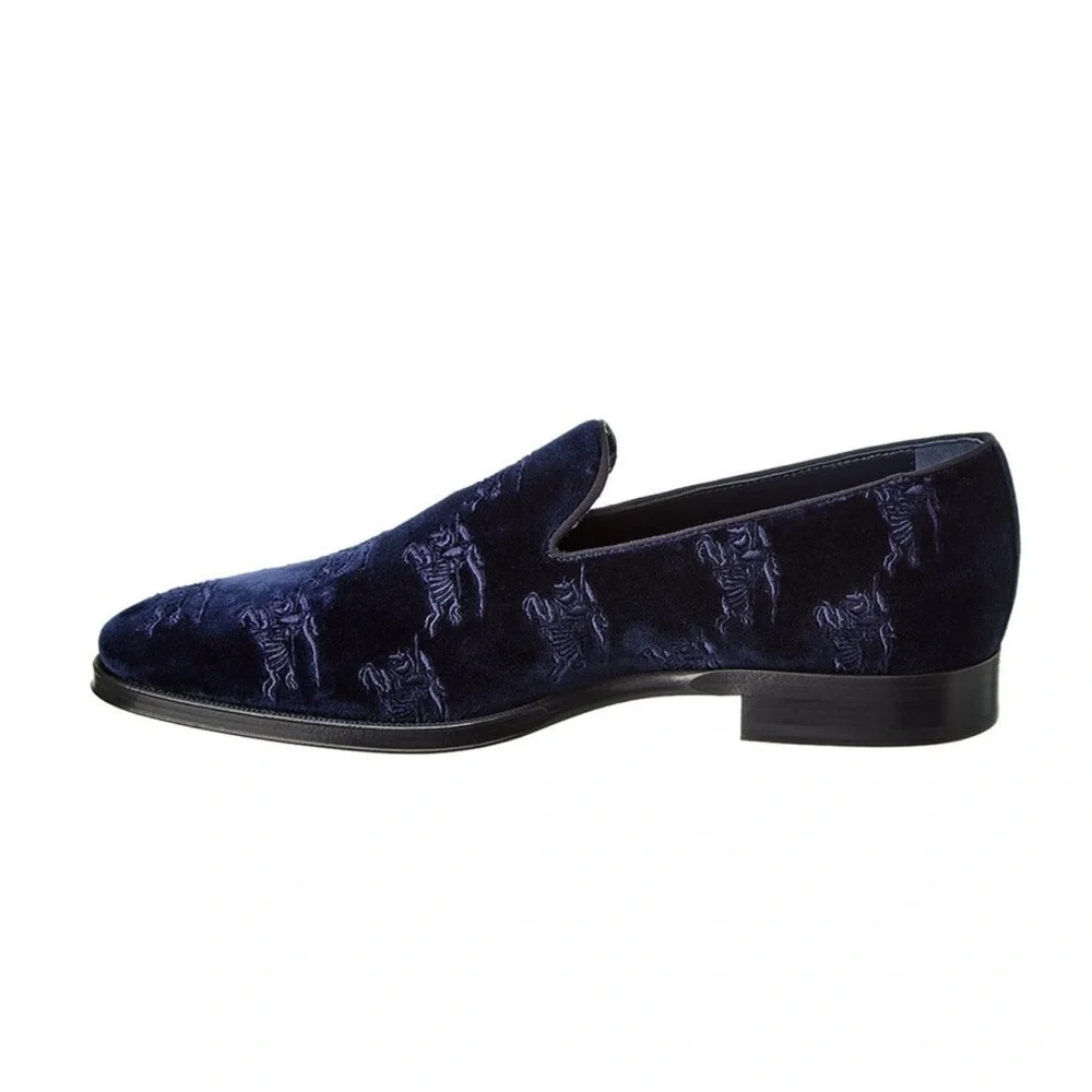 Burberry Blue Loafers Velvet Embroidered Formal Mens 8 Formal Wayne NWOB 🟡